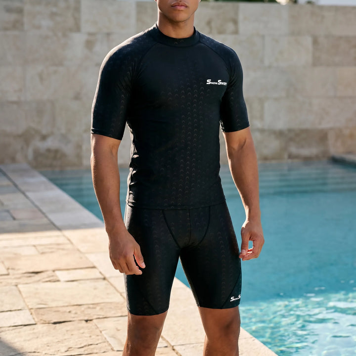 Men's quick-dry short sleeve swim shirt for active water sports. Ideal rash guard for surfing, swimming, and beachwear.