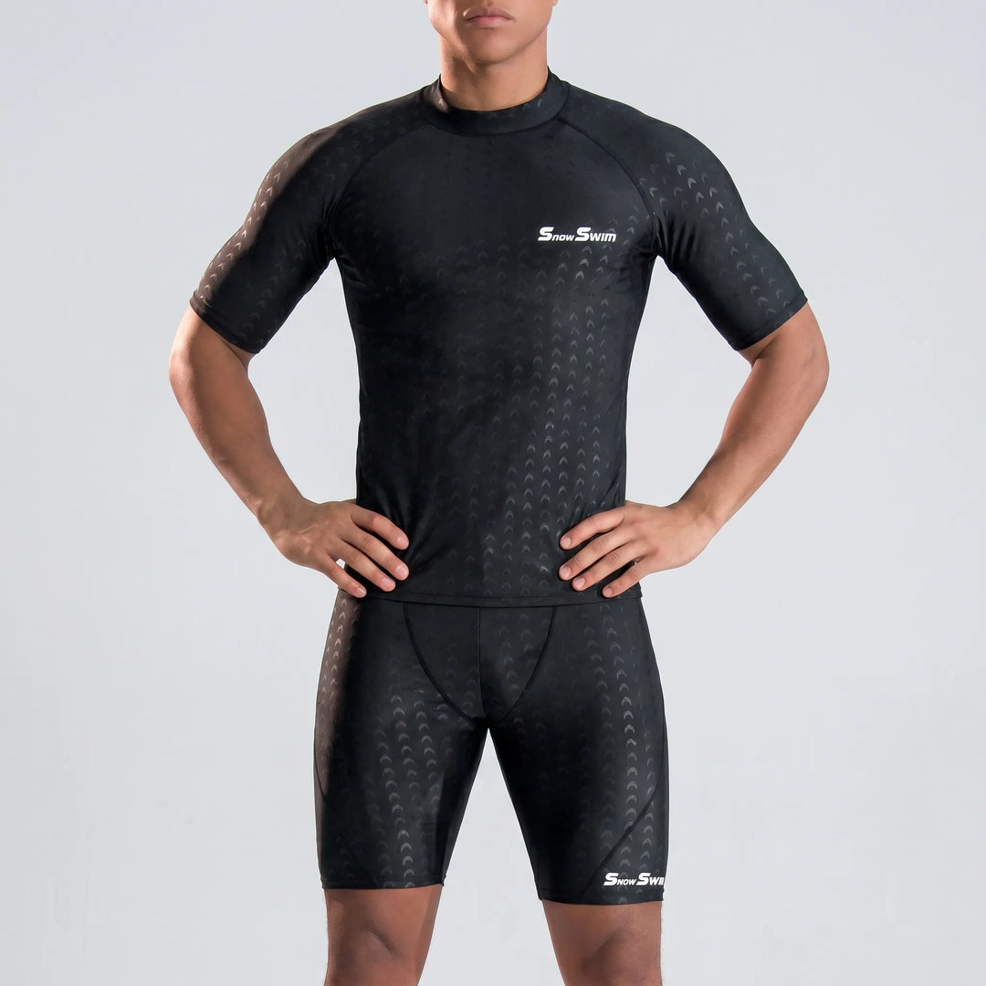 Athletic men's rash guard swim shirt. Performance short sleeve design for water sports, surfing, and sun protection.