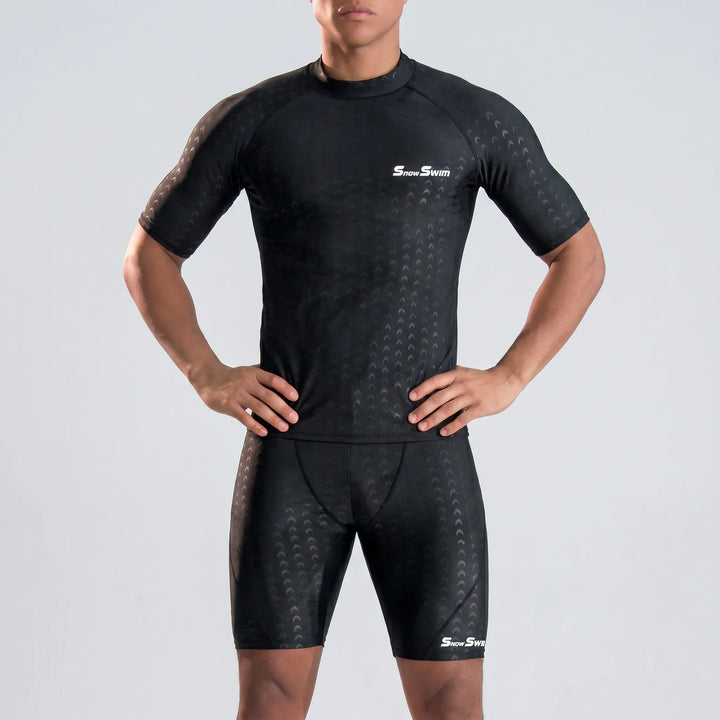 Athletic men's rash guard swim shirt. Performance short sleeve design for water sports, surfing, and sun protection.