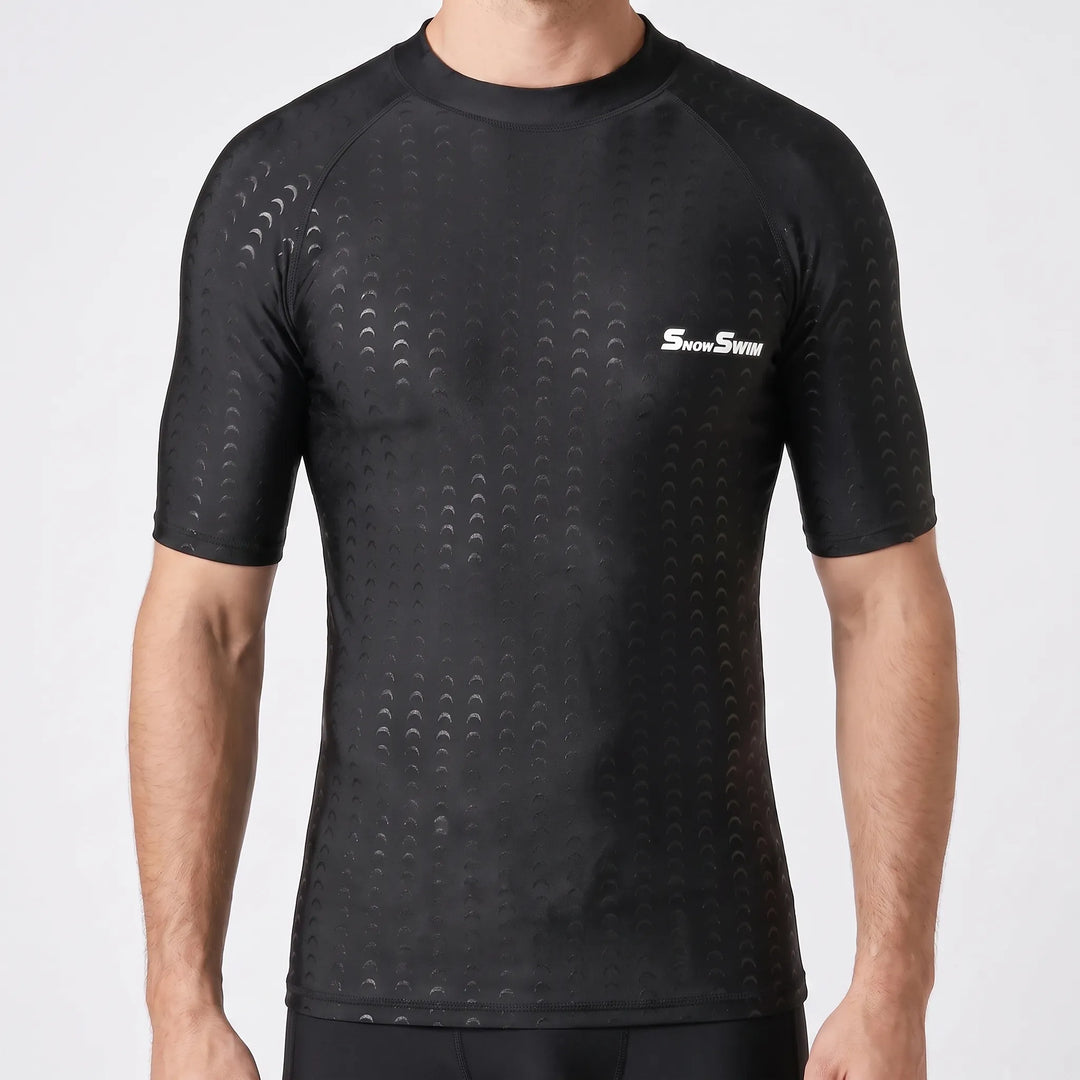 Men's short sleeve surf shirt. Quick-drying athletic rash guard for comfortable swimming and water sports performance.