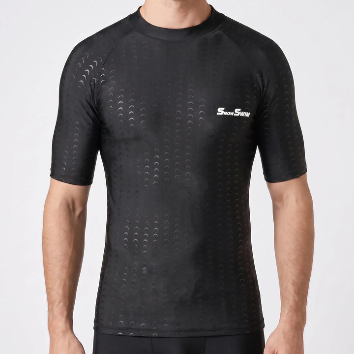 Men's short sleeve surf shirt. Quick-drying athletic rash guard for comfortable swimming and water sports performance.