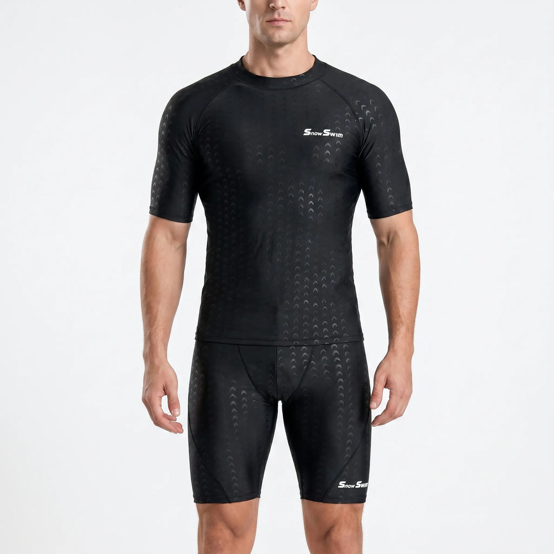 Quick-dry men's swim shirt. Short sleeve rash guard for active water sports, providing comfort and athletic performance.