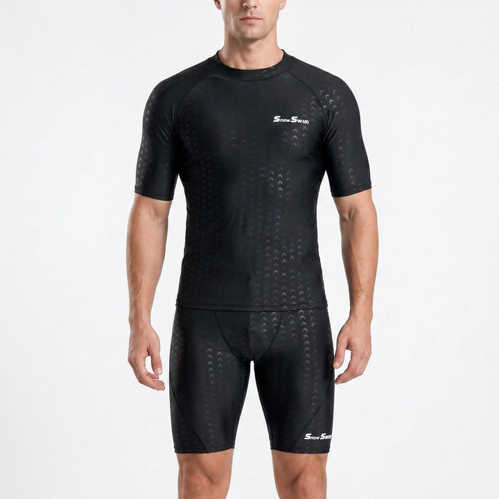 Quick-dry men's swim shirt. Short sleeve rash guard for active water sports, providing comfort and athletic performance.