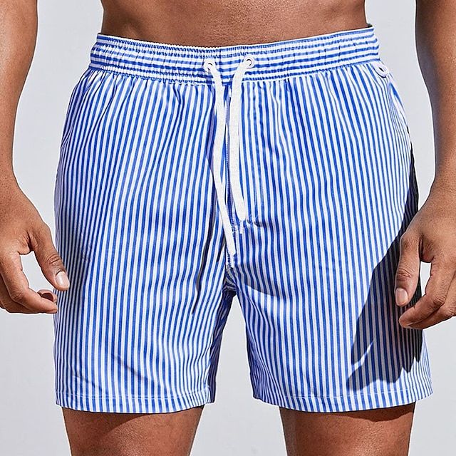 Men's quick-dry striped swim shorts with adjustable drawstring waist, perfect for beachwear & summer activities.