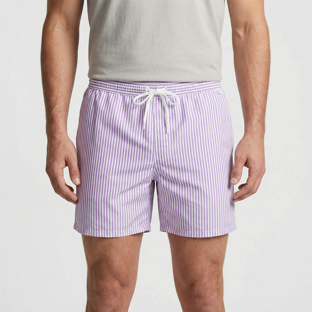 Versatile men's striped quick-dry swim trunks, essential for beach & resort.