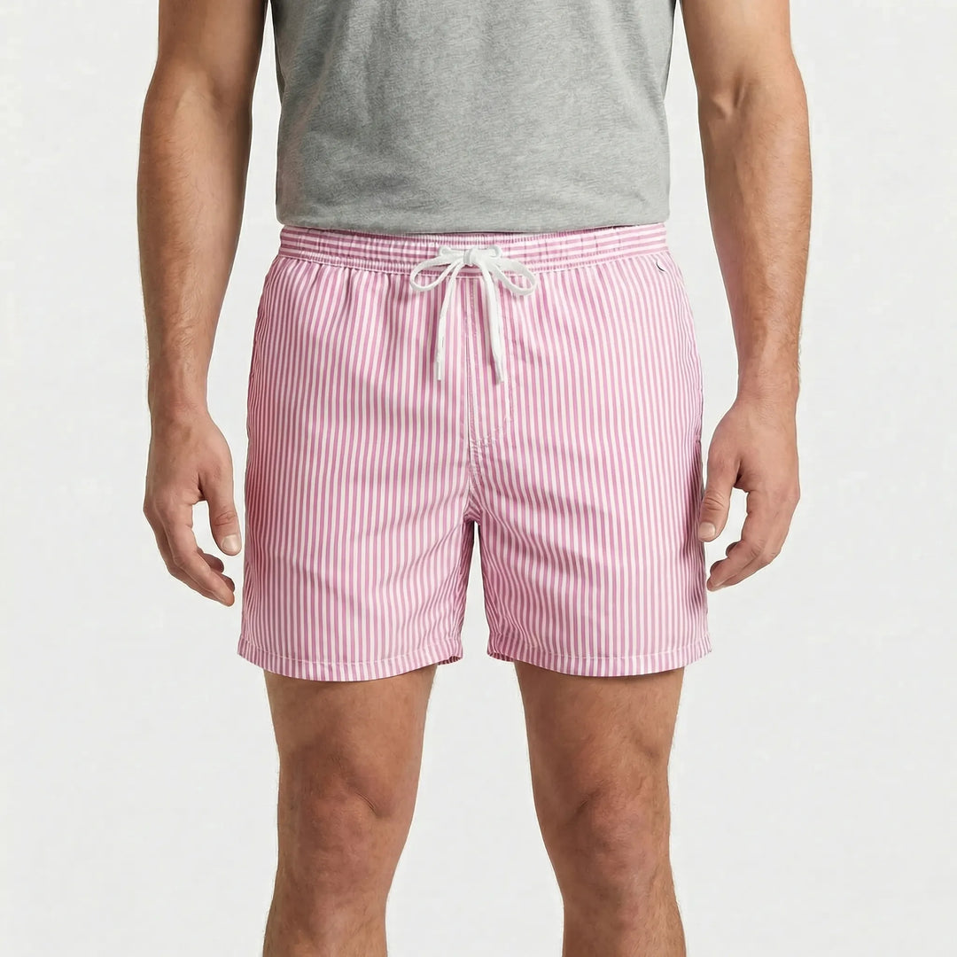 Stylish men's quick-dry striped swim shorts, ideal for summer vacation.