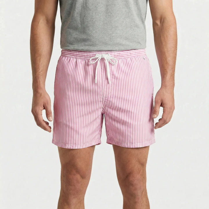 Stylish men's quick-dry striped swim shorts, ideal for summer vacation.