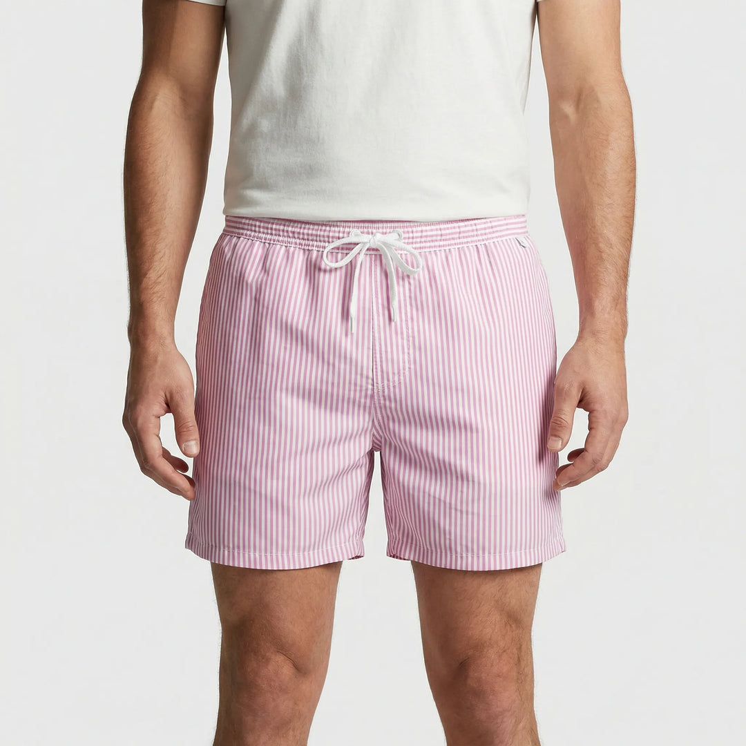 Comfortable men's quick-dry striped swim shorts, essential beachwear.
