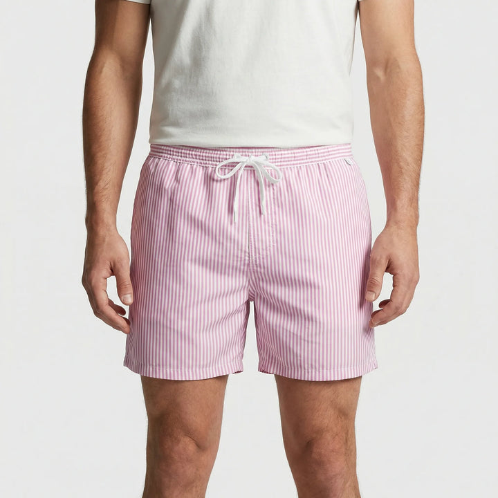 Comfortable men's quick-dry striped swim shorts, essential beachwear.