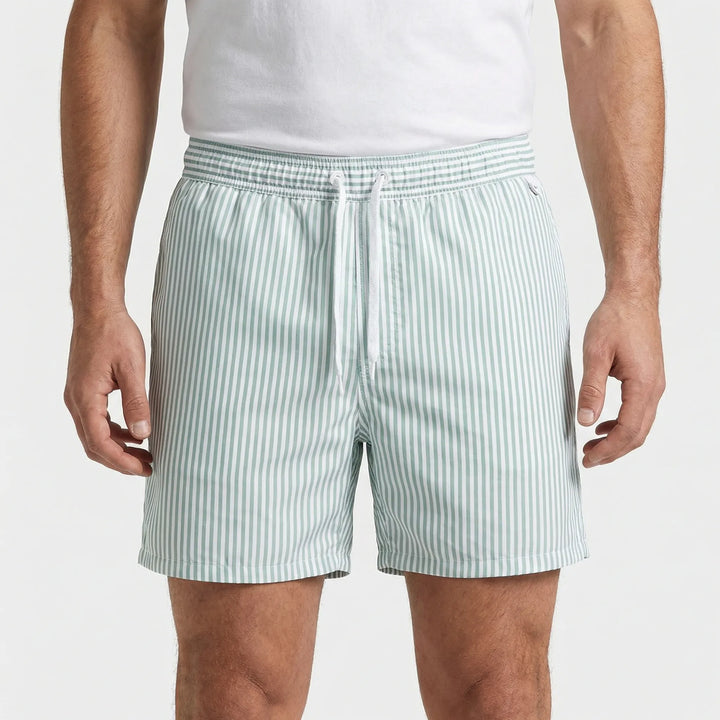 Modern men's striped swim trunks, quick-drying fabric for beach & pool.
