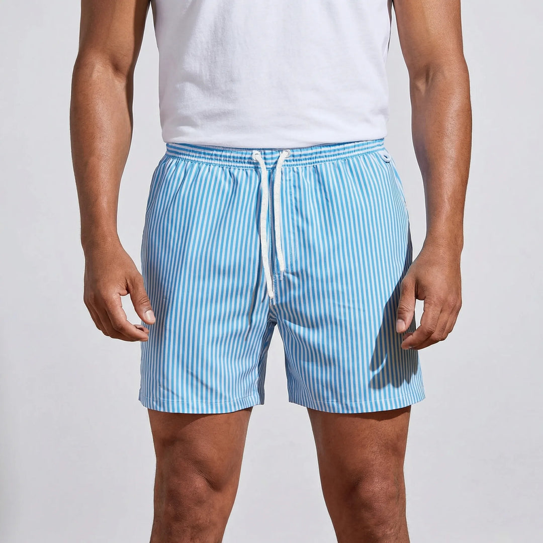 Vacation-ready men's quick-dry striped swim shorts for ultimate beach comfort.
