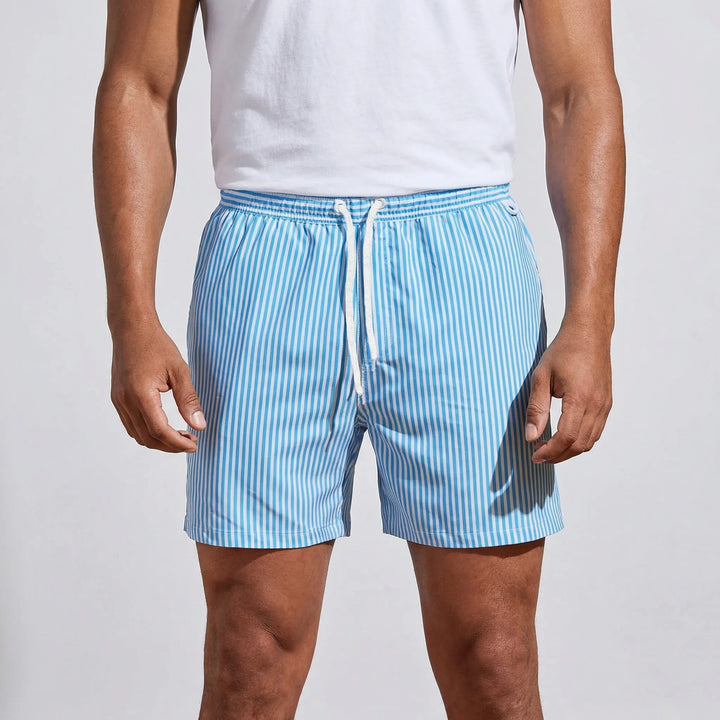 Vacation-ready men's quick-dry striped swim shorts for ultimate beach comfort.