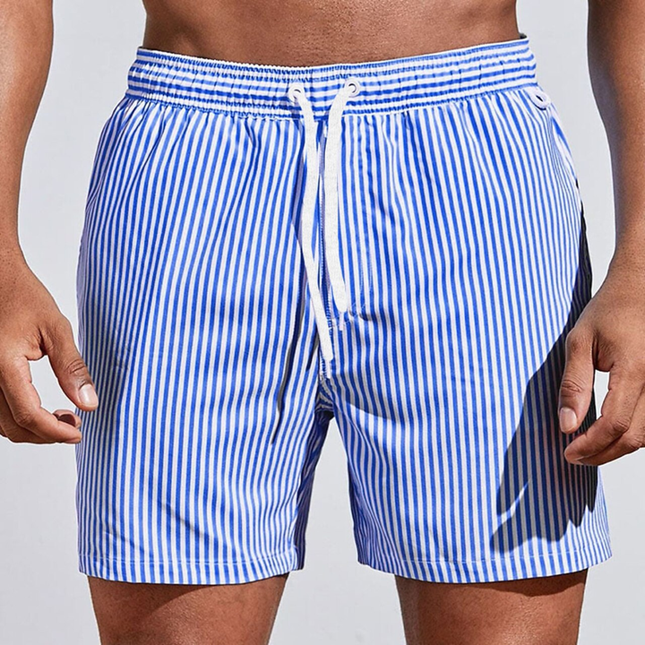 Comfortable quick-dry striped men's shorts, versatile for swimming, beachwear, and vacation.