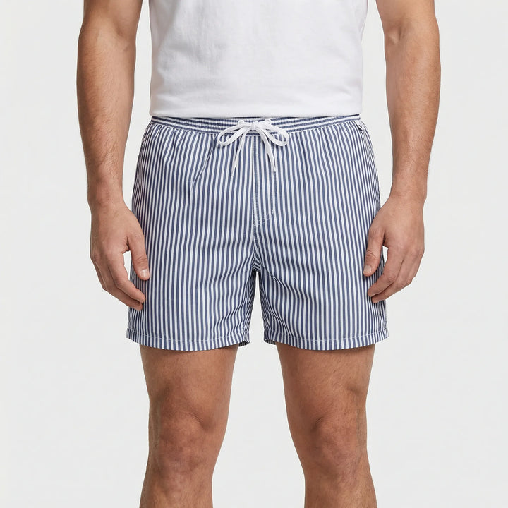 Durable men's quick-dry striped swim trunks, perfect for active beach days.