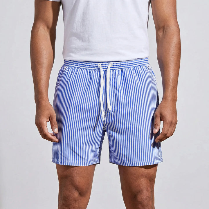 Men's quick-dry striped pool shorts, stylish and practical for summer fun.