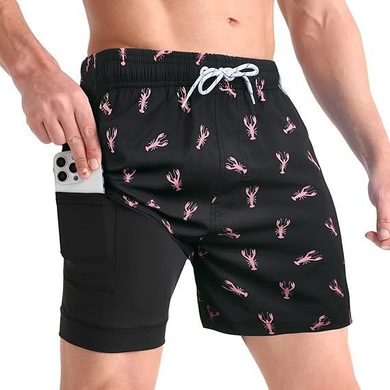 Performance men's quick-dry swimwear shorts with built-in compression liner for comfort and support.