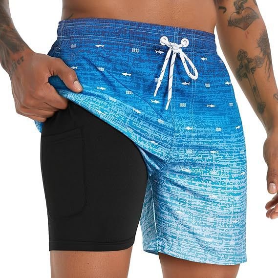 Quick-dry men's swimwear shorts with comfortable compression liner, designed for active water sports.