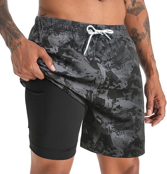 Tropical print men's quick-dry swim shorts, ideal for beach vacations, summer activewear, and pool days.