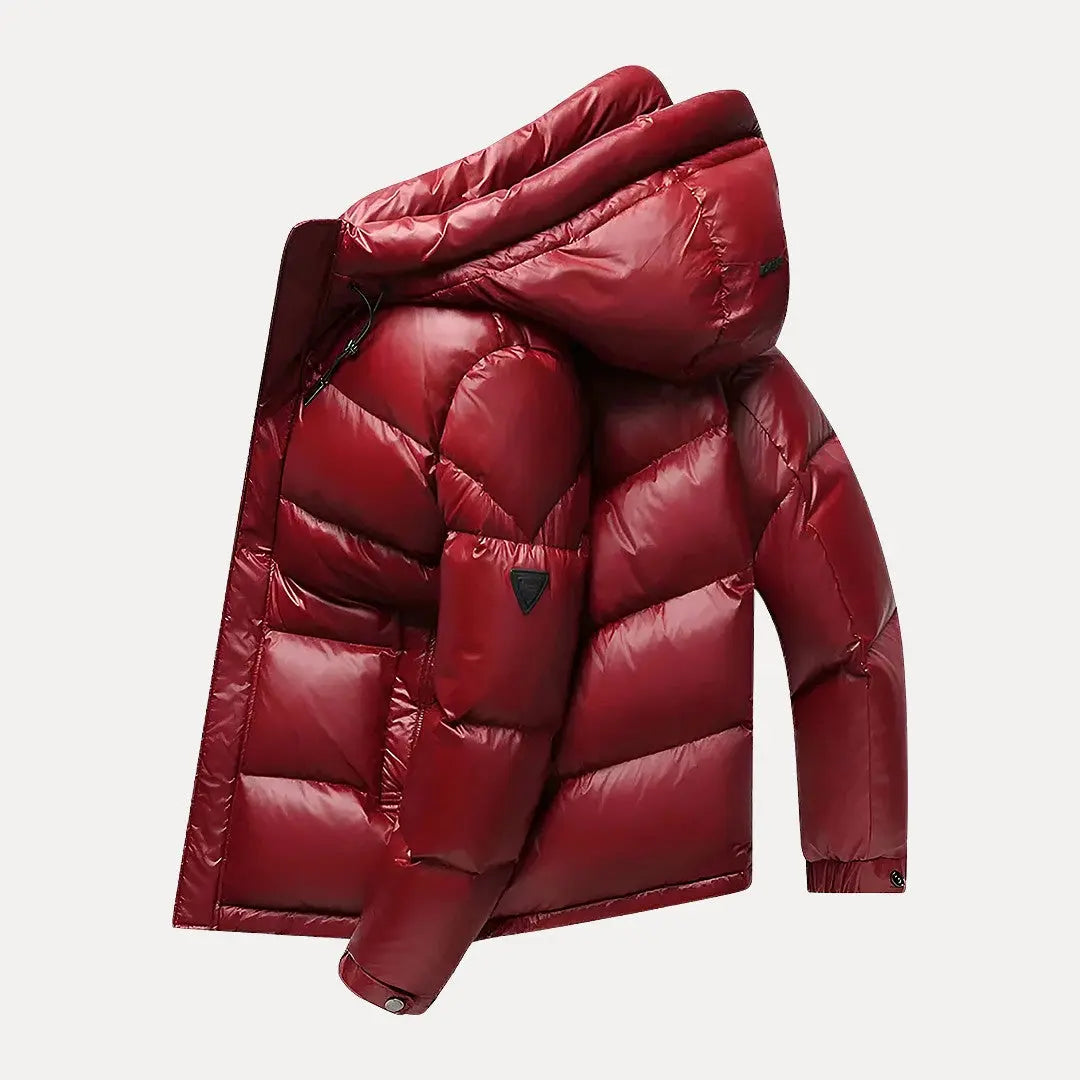 Stylish men's insulated puffer jacket with hood & quilting, perfect casual winter outerwear.