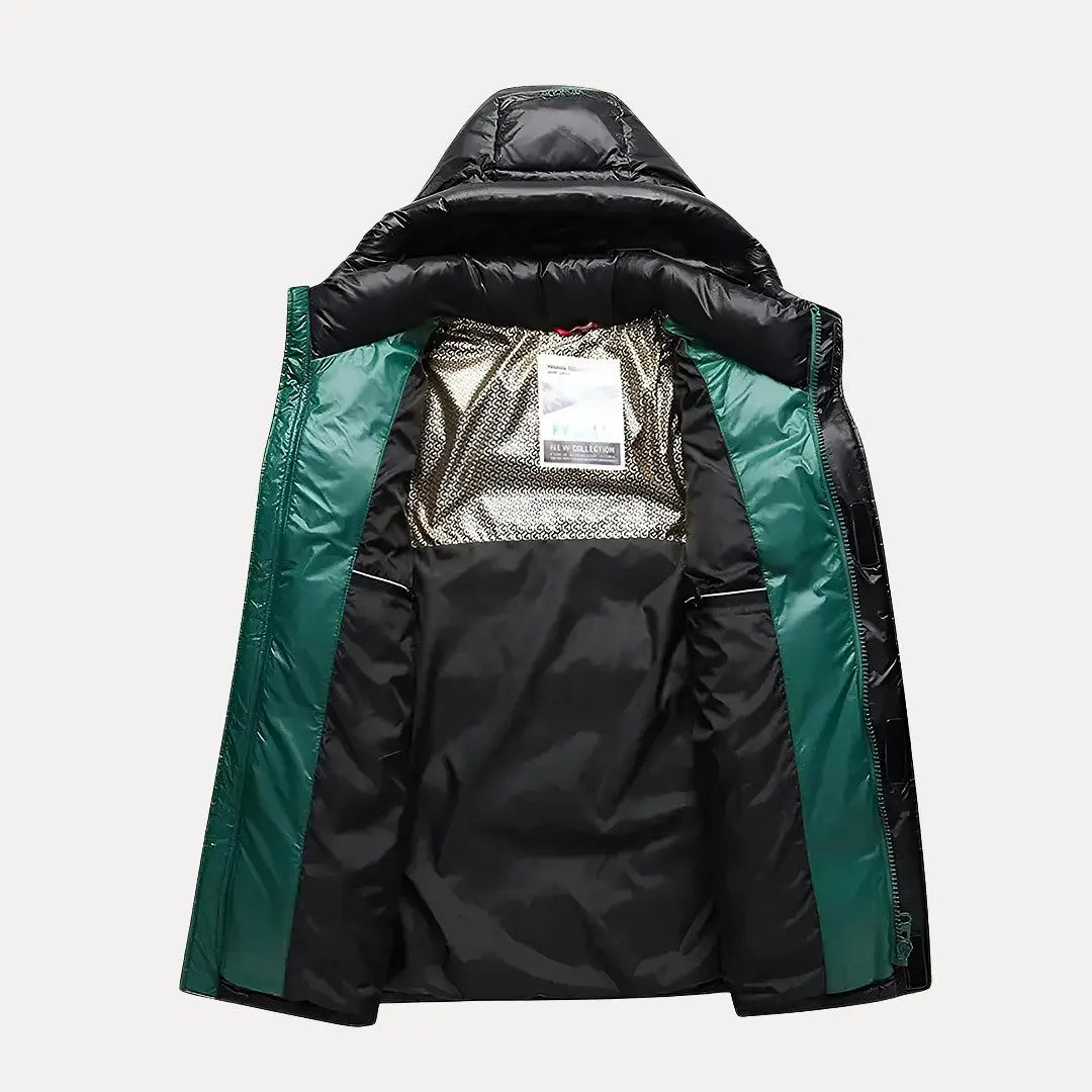 Modern men's hooded puffer jacket, a fashionable & warm quilted winter coat for any man.