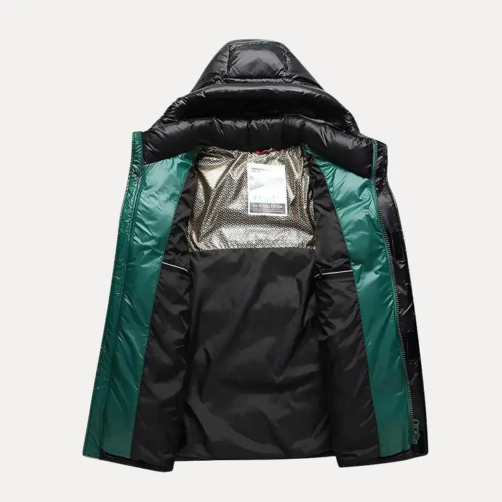 Modern men's hooded puffer jacket, a fashionable & warm quilted winter coat for any man.