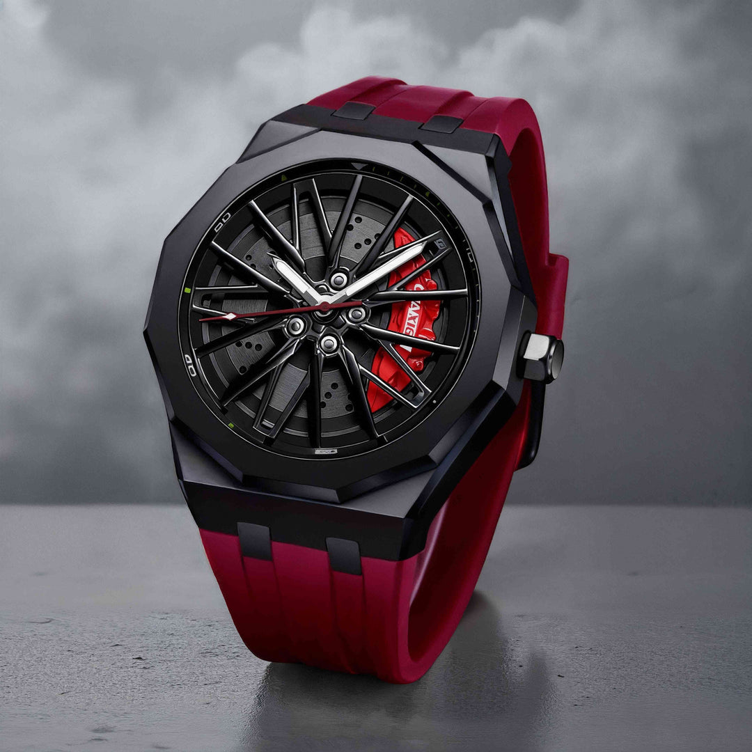 Men's racing style quartz watch with a sleek black silicone band, ideal for sports & casual wear.