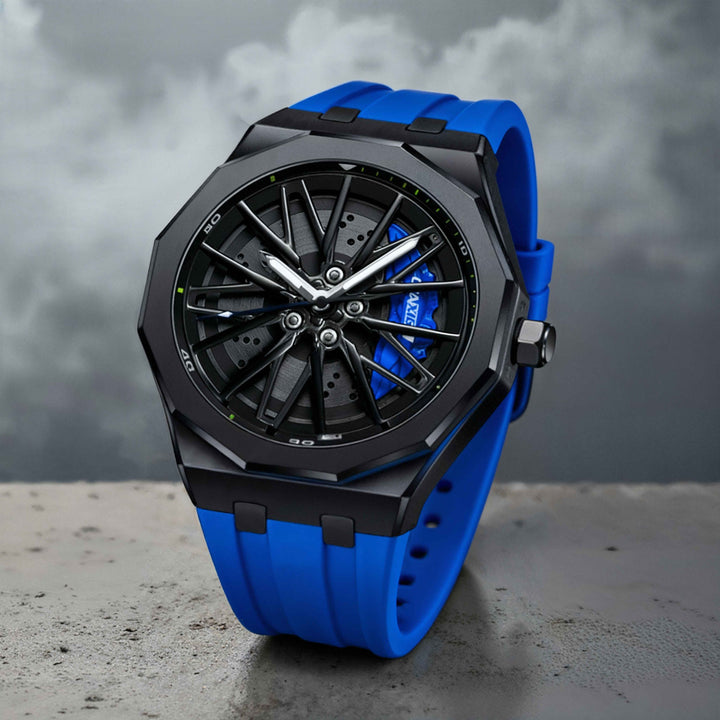 Close-up of a men's quartz racing watch, highlighting its textured silicone band & detailed dial.