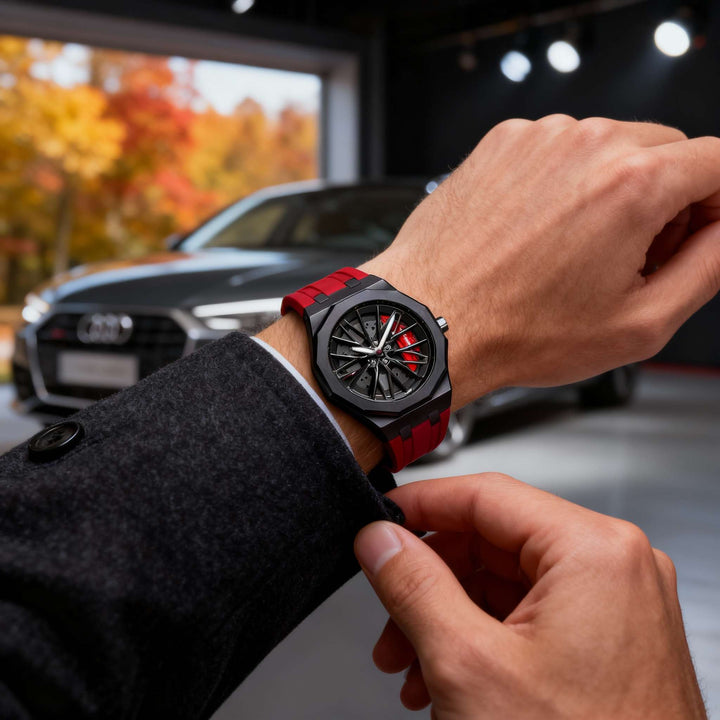 Stylish men's casual watch: Racing-inspired quartz movement with a soft, durable silicone band.