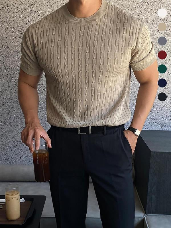 Men's refined cable knit short sleeve tee. Stylish crew neck, modern fit knit shirt for casual wear.