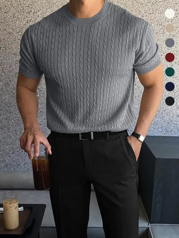 Stylish men's short sleeve cable knit tee. Modern fit, crew neck design. Versatile for everyday fashion.