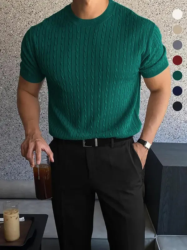 Men's knit shirt featuring a refined cable knit pattern. Short sleeve tee with crew neck for effortless style.