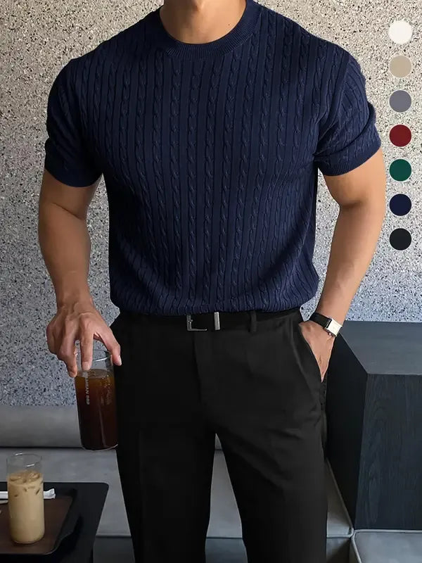 Casual men's short sleeve knit top. Refined cable knit texture, crew neck tee. Ideal for warm weather style.