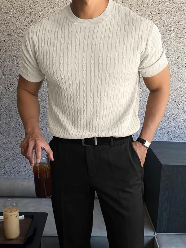 Men's modern fit short sleeve cable knit tee. Elegant textured knit, crew neck top. Perfect for stylish casual looks.