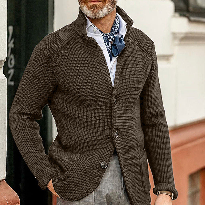 Men's refined textured knit cardigan in a sophisticated style, perfect for smart casual layering.