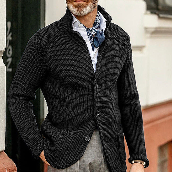 Close-up: Men's elegant textured knit cardigan, intricate design for autumn/winter fashion & smart casual looks.