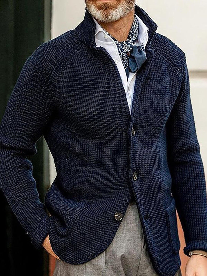 Men's fashion: Refined textured knit cardigan on model, showcasing elegant smart casual winter style.