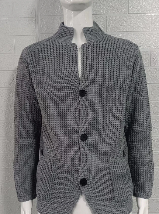 Classic men's textured knit cardigan, essential smart casual layering piece for autumn and winter menswear.