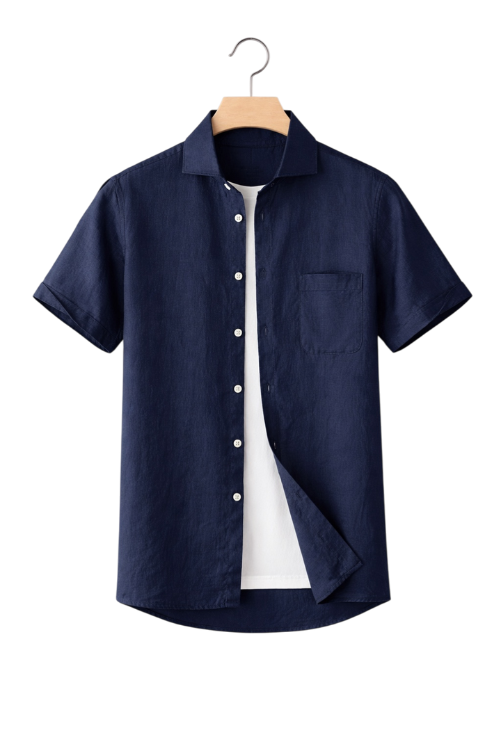 Relaxed fit men's button-up shirt, a versatile collared summer shirt for warm-weather casual wear.