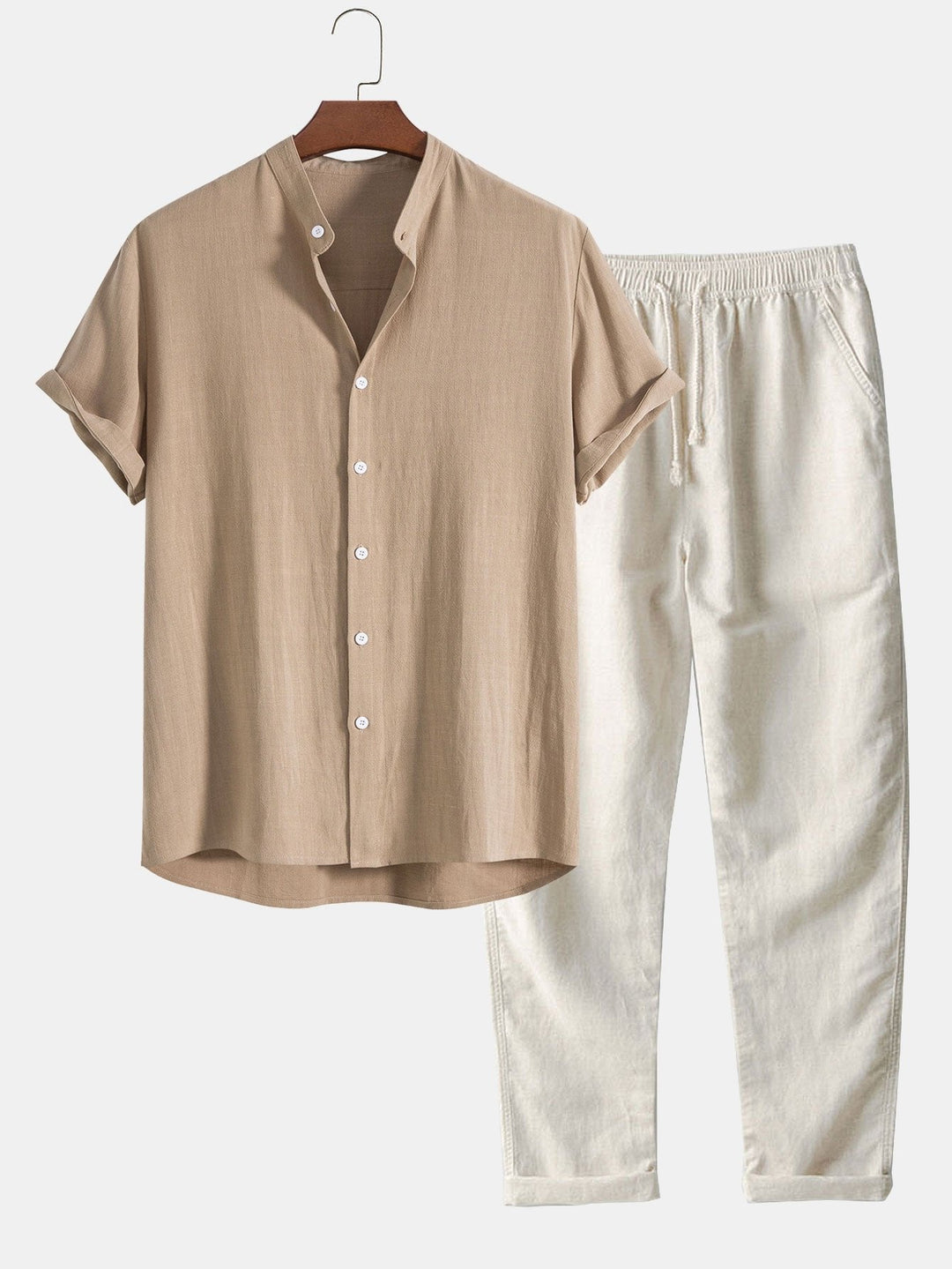 Close-up of the band collar shirt from the men's relaxed co-ord set, showing fabric detail.
