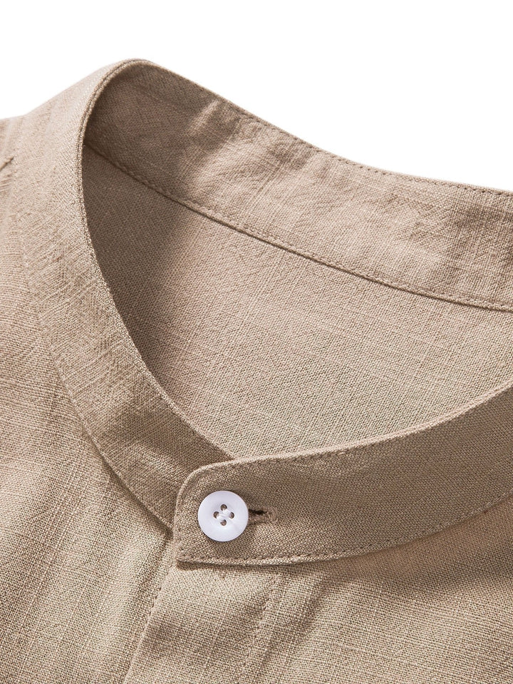 Front view of a men's summer fashion co-ord set, a relaxed band collar shirt & comfy trousers.