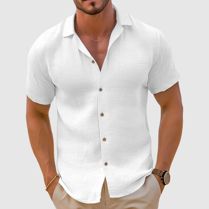 Lightweight men's short sleeve shirt, relaxed collar. Perfect casual wear for summer holidays & leisure.