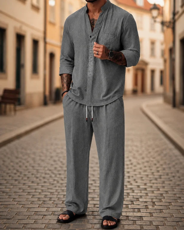 Comfortable men's relaxed fit two-piece outfit for summer fashion, great for everyday style, beach, or resort wear.