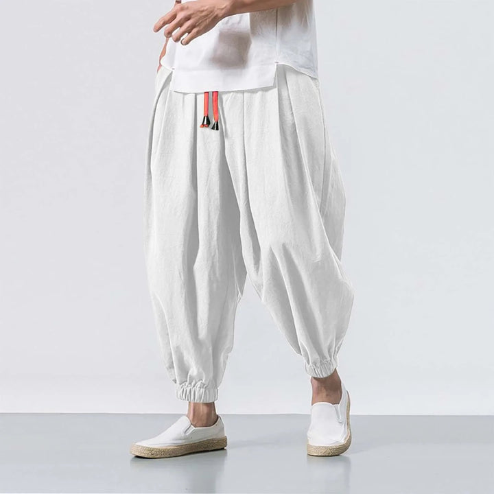 Fashionable men's relaxed fit baggy harem jogger pants, a trendy choice for casual or athletic bottoms.