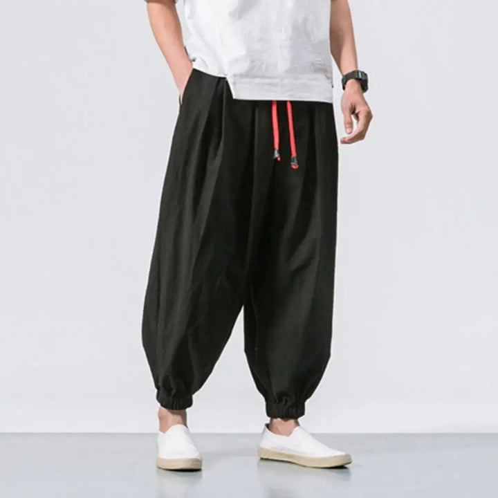 Versatile men's relaxed fit baggy jogger pants, great as harem lounge pants, yoga wear or athletic bottoms.