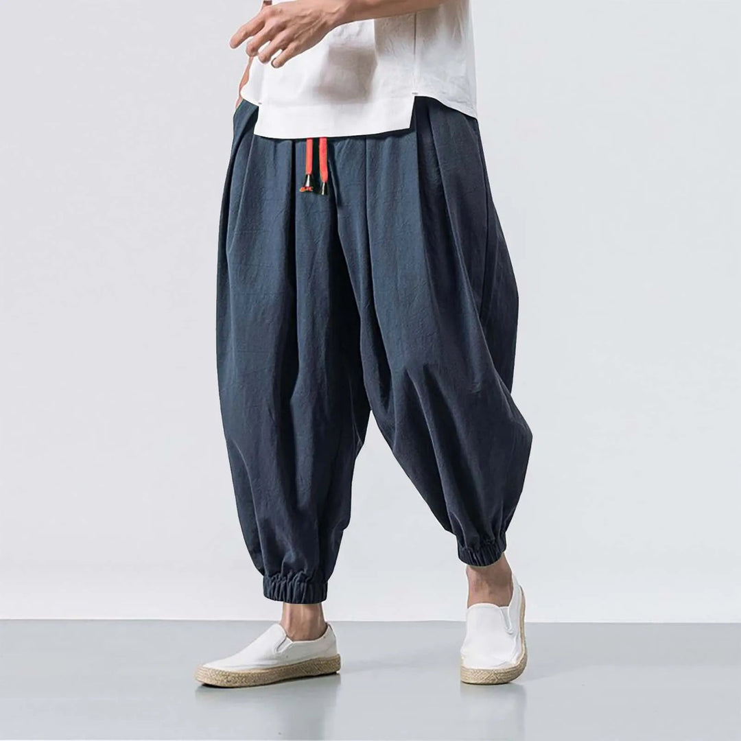 Back view of men's relaxed fit baggy harem jogger pants, showing loose fit & comfortable design.