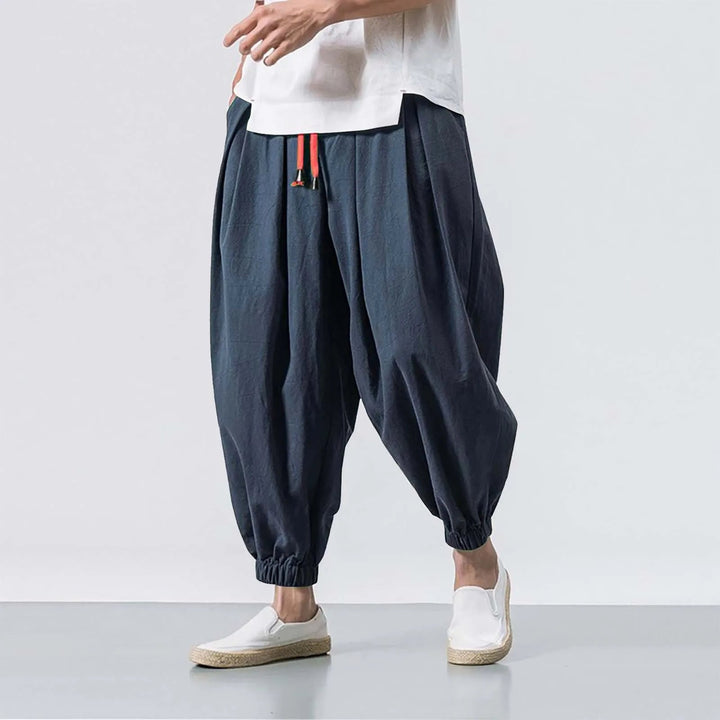 Back view of men's relaxed fit baggy harem jogger pants, showing loose fit & comfortable design.