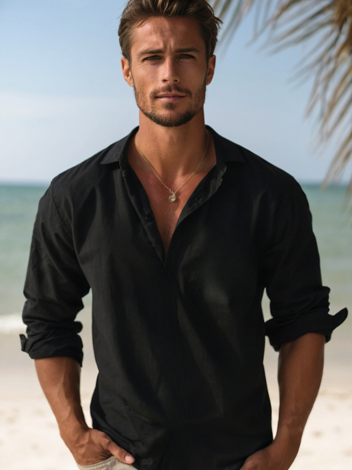 Men's relaxed fit button-down summer shirt. Effortless style for warm weather & casual everyday wear.