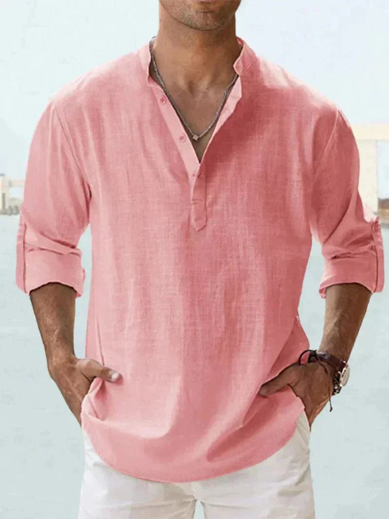 Easy-to-wear men's relaxed fit button-down long-sleeve summer shirt, perfect for casual warm-weather style.