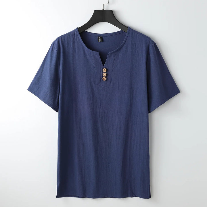 Men's relaxed fit button-neck t-shirt for effortless casual style & everyday comfort. Short sleeve basic tee.