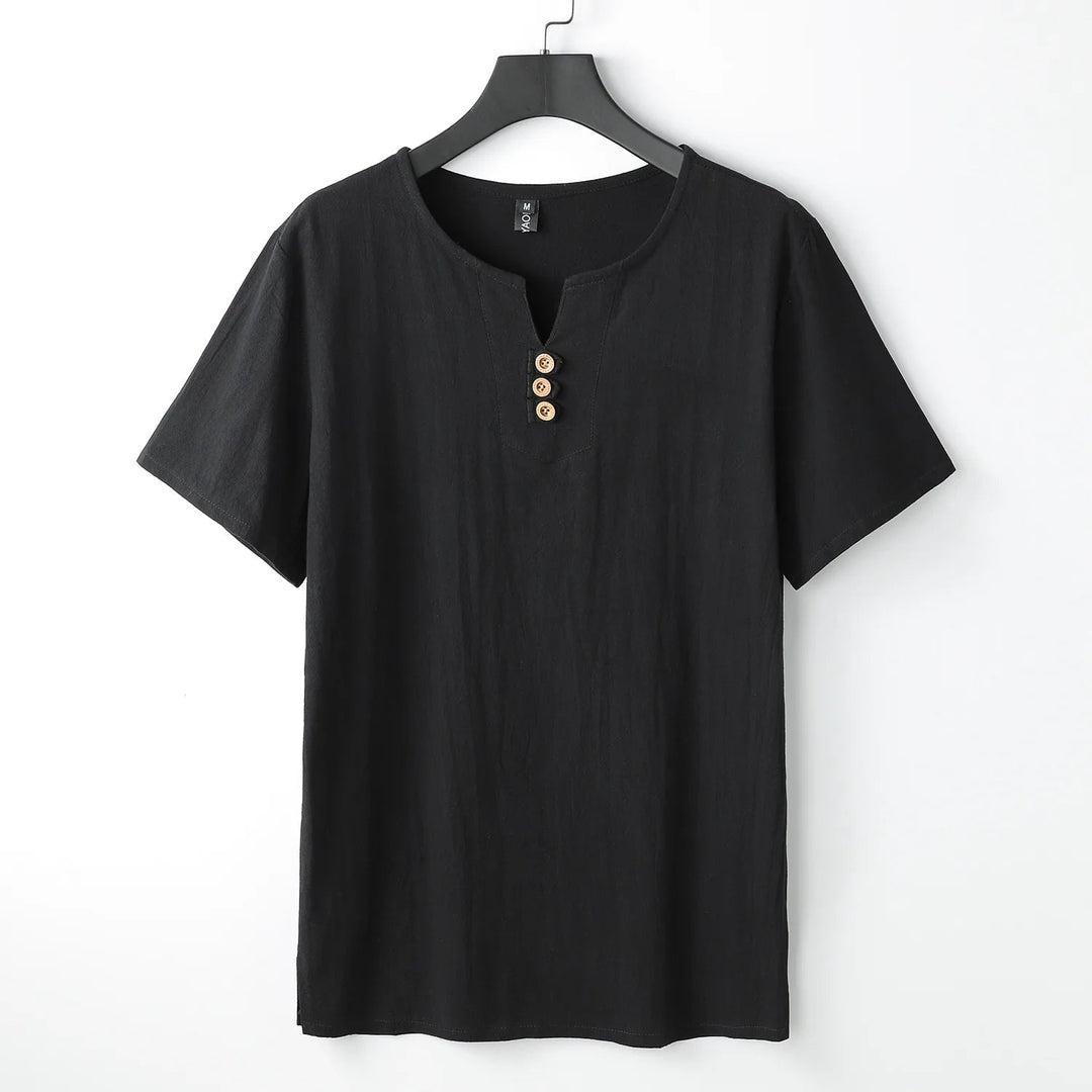 Stylish men's short sleeve relaxed fit t-shirt with button neck. Perfect casual top for versatile everyday wear.